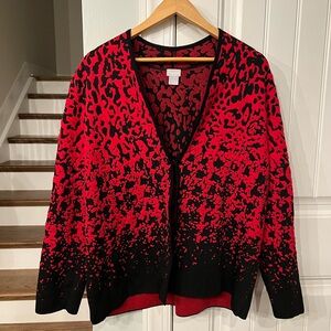 Chico’s Size 3 - XL Red Black Abstract Leopard Knit Open Front Cardigan